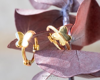 Butterfly Huggie Earrings: 18K Gold Plated Sterling Silver Dainty Hoops