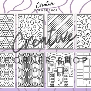 May include: Set of eight black and white printable coloring pages featuring geometric patterns, abstract designs, and cityscapes.  The text "Creative Corner Shop" is at the top of the image.