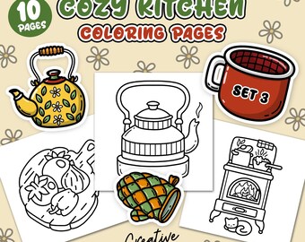 10 Cozy Kicthen Coloring Pages, Bold and Easy to color, Set 3