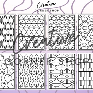 May include: A set of eight printable coloring pages featuring various geometric patterns, including honeycomb, triangles, stars, hearts, and musical notes. The pages are black and white and ready to be colored.