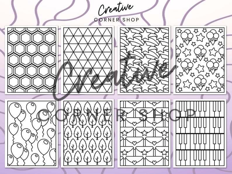May include: A set of eight printable coloring pages featuring various geometric patterns, including honeycomb, triangles, stars, hearts, and musical notes. The pages are black and white and ready to be colored.
