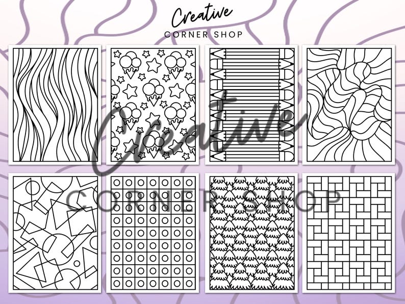 May include: A set of 8 printable coloring pages featuring different patterns and designs. The designs include waves, ice cream cones, pencils, swirls, geometric shapes, circles, trees, and bricks.
