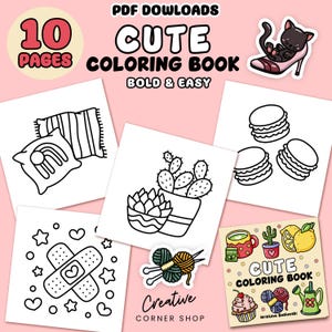 May include: A printable colouring book with 10 pages of cute illustrations. The cover features a cat wearing a high heel shoe, a lemon, a teacup, and yarn. The text on the cover reads "Cute Colouring Book".