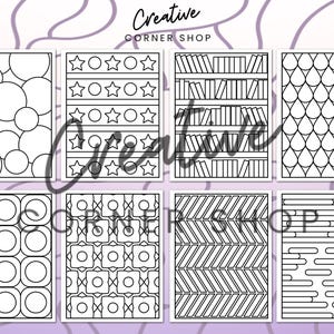 May include: Set of eight printable coloring pages featuring different geometric patterns. The patterns include circles, stars, bookshelves, teardrops, zigzags, and stripes.