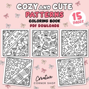 心地よくてかわいいパターンの塗り絵ページ。ストレス解消のための創造的でマインドフルなデザインが特徴です。