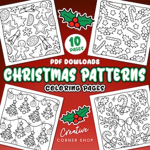 May include: A set of 10 printable Christmas colouring pages featuring different patterns. The patterns include gingerbread men, candy canes, holly, stars, and Christmas trees. The pages are perfect for children of all ages to colour and enjoy.