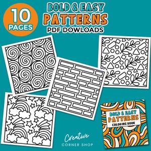 May include: A printable coloring book with 10 pages of bold and easy patterns. The cover features a colorful swirl pattern. The pages include patterns like swirls, bricks, and geometric shapes.