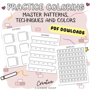 Könnte beinhalten: Ausdruckbare Malvorlagen zum Üben von Mustern, Verläufen und Farbmustern. Die Seiten zeigen eine Vielzahl von Formen und Linien zum Ausmalen.