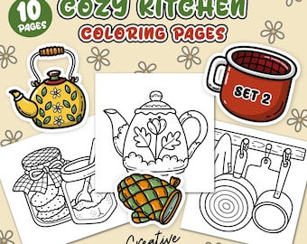 10 Cozy Kicthen Coloring Pages, Bold and Easy to color, Set 2