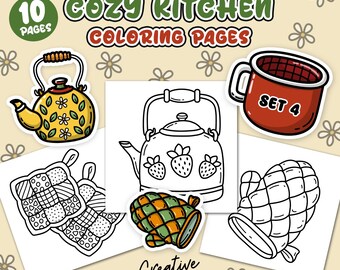 10 Cozy Kicthen Coloring Pages, Bold and Easy to color, Set 4