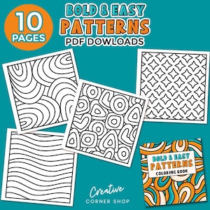 Può includere: Un libro da colorare con 10 pagine di motivi audaci e facili. La copertina presenta un motivo astratto colorato con colori arancio, blu e bianco. Il titolo "Motivi audaci e facili Libro da colorare" è stampato sulla copertina.