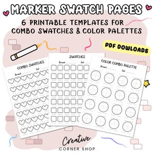 Pode incluir: Páginas de amostras de marcadores imprimíveis com modelos para amostras combinadas e paletas de cores. Os modelos incluem corações, quadrados e círculos para organizar e exibir cores.
