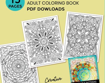 15 Mandala Patterns Coloring Pages, Adult Coloring Book, Creative Activity
