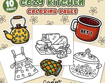 10 Cozy Kicthen Coloring Pages, Bold and Easy to color, Set 1
