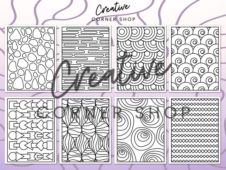 May include: Set of eight black and white printable coloring pages featuring geometric patterns. The patterns include circles, squares, triangles, and lines.