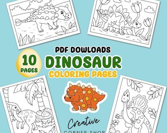 10 Cute Dinosaur Coloring Pages, Coloring Book for Kids, Activity Pages, Pdf Printables