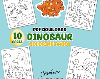 10 Cute Dinosaur Coloring Pages, Coloring Book for Kids, Activity Pages, Pdf Printables