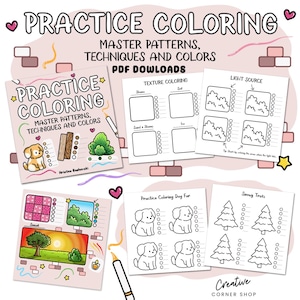 Puede incluir: Un libro para colorear imprimible con el título "Practice Coloring" y el texto "Master Patterns, Techniques and Colors". El libro presenta varias páginas para colorear con diferentes temas, que incluyen un perro, un árbol nevado y un paisaje con una puesta de sol.