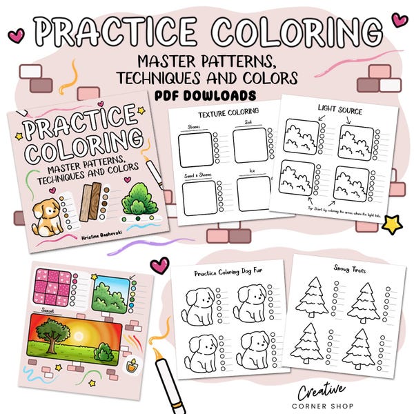 15 Coloring Practice Pages, Improve Coloring Skills, Blending and Shading, Ohuhu Marker Practice Sheet