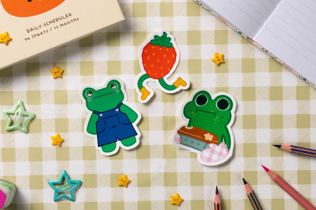 Cottagecore Sticker Trio - Baking Frog, Farmer Frog, Silly Strawberry ...