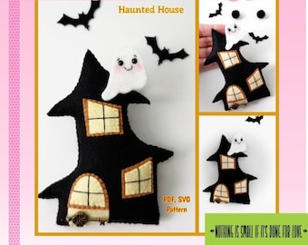 May include: A felt haunted house craft pattern with a black house, white ghost, and bats. The pattern includes PDF and SVG files. The text "NOTHING IS SMALL IF IT'S DONE FOR LOVE" is on the bottom of the image. The text "2020 by Wal Vieira" is on the bottom right of the image.