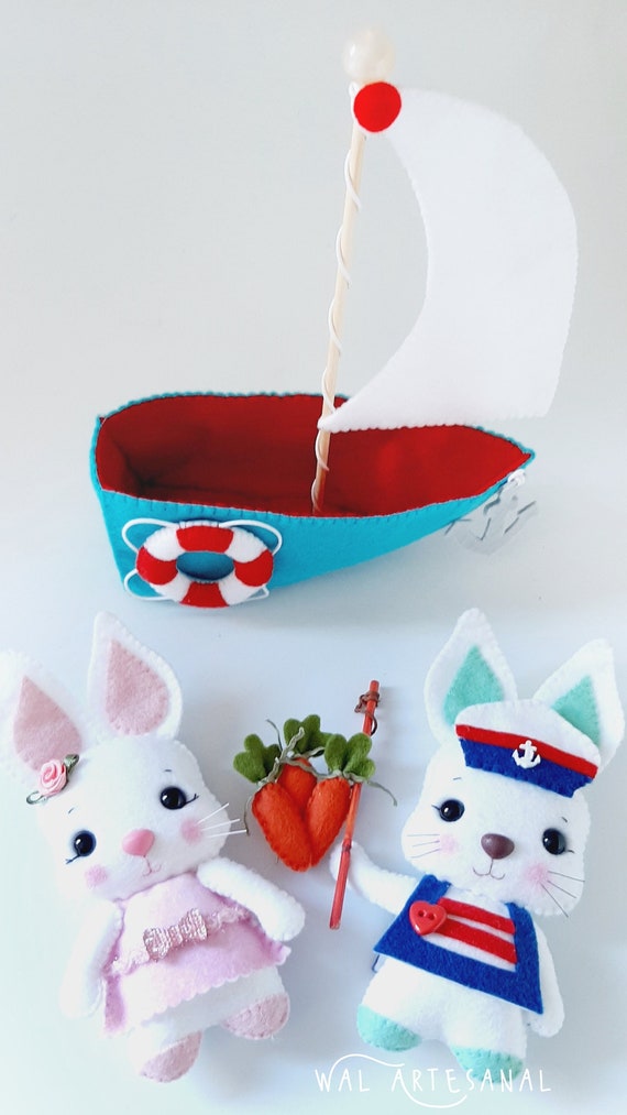 felt bunny in blue dress DIY stuffed companion: rabbit  kata golda handmade