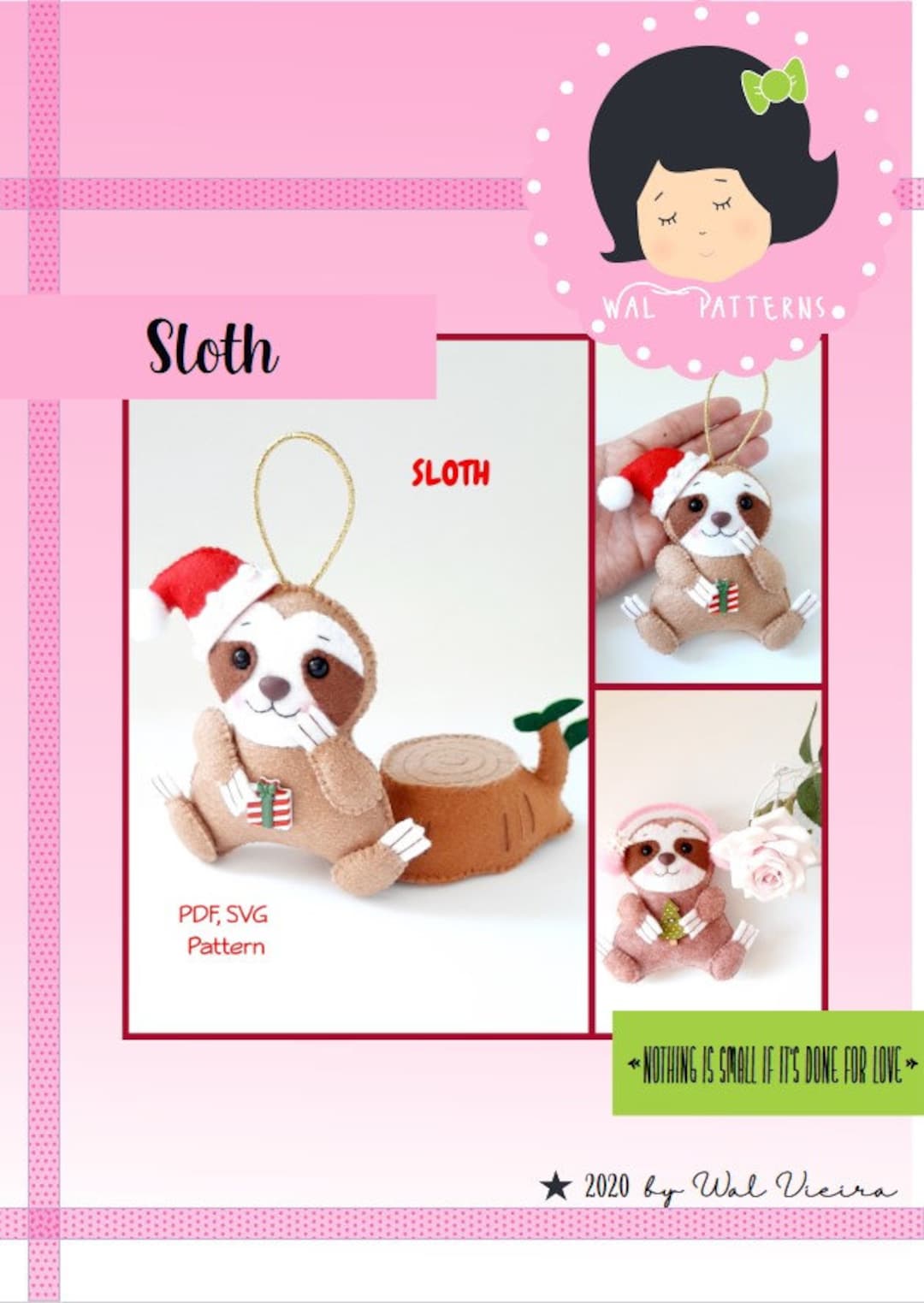 Sloth PDF SVG Felt Pattern Christmas Ornament Handsew Sloth Three-toed ...