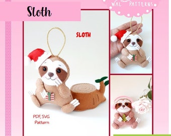 May include: A felt Christmas ornament pattern of a sloth wearing a Santa hat and holding a gift. The pattern includes PDF and SVG files. The text "Sloth" is written on the ornament and the text "Nothing is small if it's done for love" is written at the bottom of the image. The text "2020 by Wal Vieira" is written at the bottom of the image.