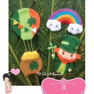 May include: A felt craft pattern for making a St. Patrick's Day leprechaun, hot air balloon, rainbow, and pot of gold. The pattern includes instructions for sewing the felt pieces together.