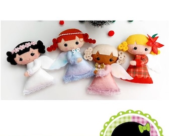 May include: Four felt angel ornaments with different hair colors and outfits. The angels are wearing white, blue, pink, and red dresses. The text "Wal Artesanal" and "Copyright 2020 - Wal Vieira" is at the bottom of the image. The text "Nothing is small if it's done for love..." is also at the bottom of the image.