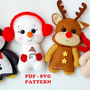 Penguin Reindeer Snowman Gingerbread Set of 4 Felt Pattern PDF SVG  Christmas Decor Ornament Advent Calendar Rudolph Deer Easy Sewing