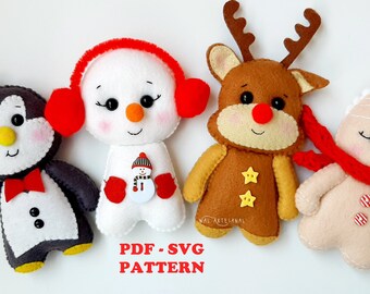 Penguin Reindeer Snowman Gingerbread Set of 4 Felt Pattern PDF SVG  Christmas Decor Ornament Advent Calendar Rudolph Deer Easy Sewing