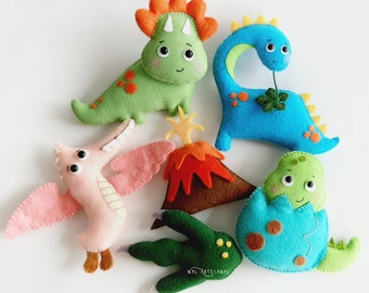 Dinosaur Family Felt Pattern PDF SVG Easy Tutorial DIY Dino Pterodactyl Triceratops Volcano Branchiosaurus Dino Baby Ornament Prehistoric