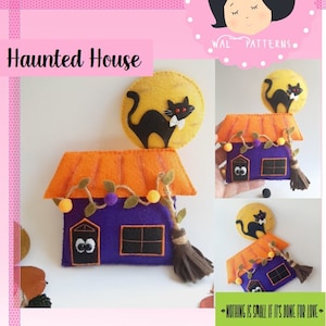 Halloween Haunted House Felt PDF Pattern Party Kids Ornament Handsewn Tutorial DIY Ghost Black Cat Moon