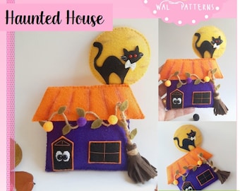 Halloween Haunted House Felt PDF Pattern Party Kids Ornament Handsewn Tutorial DIY Ghost Black Cat Moon