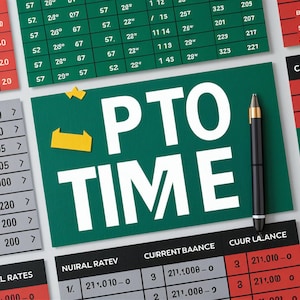 Könnte beinhalten: Eine grüne Karte mit den Worten "PTO TIME" in großen weißen Buchstaben, einem schwarzen Stift und verschiedenen Datentabellen mit Zahlen und Text. Das Bild bezieht sich wahrscheinlich auf Freistellung oder Sozialleistungen.