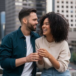 Op de afbeelding: Een stel dat lachend naar elkaar kijkt in een stedelijke omgeving. De man draagt een donkerblauw overhemd met knopen en de vrouw draagt een lichtbeige trui en een blauwe jeans.