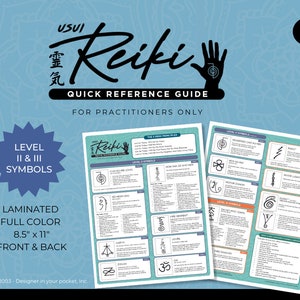 May include: Laminated full-color quick reference guide for Reiki practitioners. The guide is 8.5 inches by 11 inches and features symbols for levels II and III. The front and back of the guide are shown.
