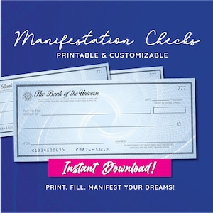Puede incluir: Un cheque de manifestación imprimible con el texto "The Bank of the Universe" y las palabras "Trust in Divine Timing" y "Everything I do succeeds and prospers beyond my wildest imagination".