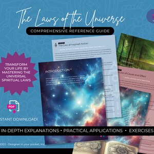 May include: A digital download guide titled "The Laws of the Universe: Comprehensive Reference Guide" with a pink starburst graphic and the text "Transform your life by mastering the universal spiritual laws".
