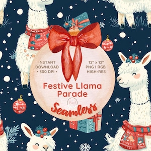 Festive Llama Parade Seamless Pattern: Holiday Digital Paper (PNG File 12x12 inches, 300 DPI)