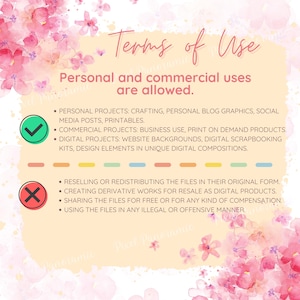 May include: A digital art graphic with the text "Terms of Use" and a list of permitted and prohibited uses. The background is a soft yellow with pink floral accents. A green checkmark and a red X are included.