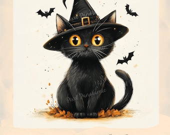 May include: A black cat wearing a witch's hat with a black brim and a pointed top. The cat has yellow eyes and is sitting on a bed of orange and brown leaves. There are bats flying in the background.