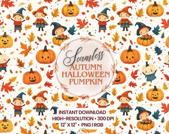 Naadloos herfstpatroon Halloween-pompoen: herfst digitaal papier (PNG-bestand: 12 x 12 inch, 300 DPI)