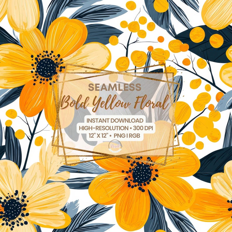 May include: Seamless digital pattern featuring bold yellow floral elements with dark blue and white accents. The design includes large yellow flowers, small yellow circular shapes, and dark blue leaves. The text reads "SEAMLESS Bold Yellow Floral".