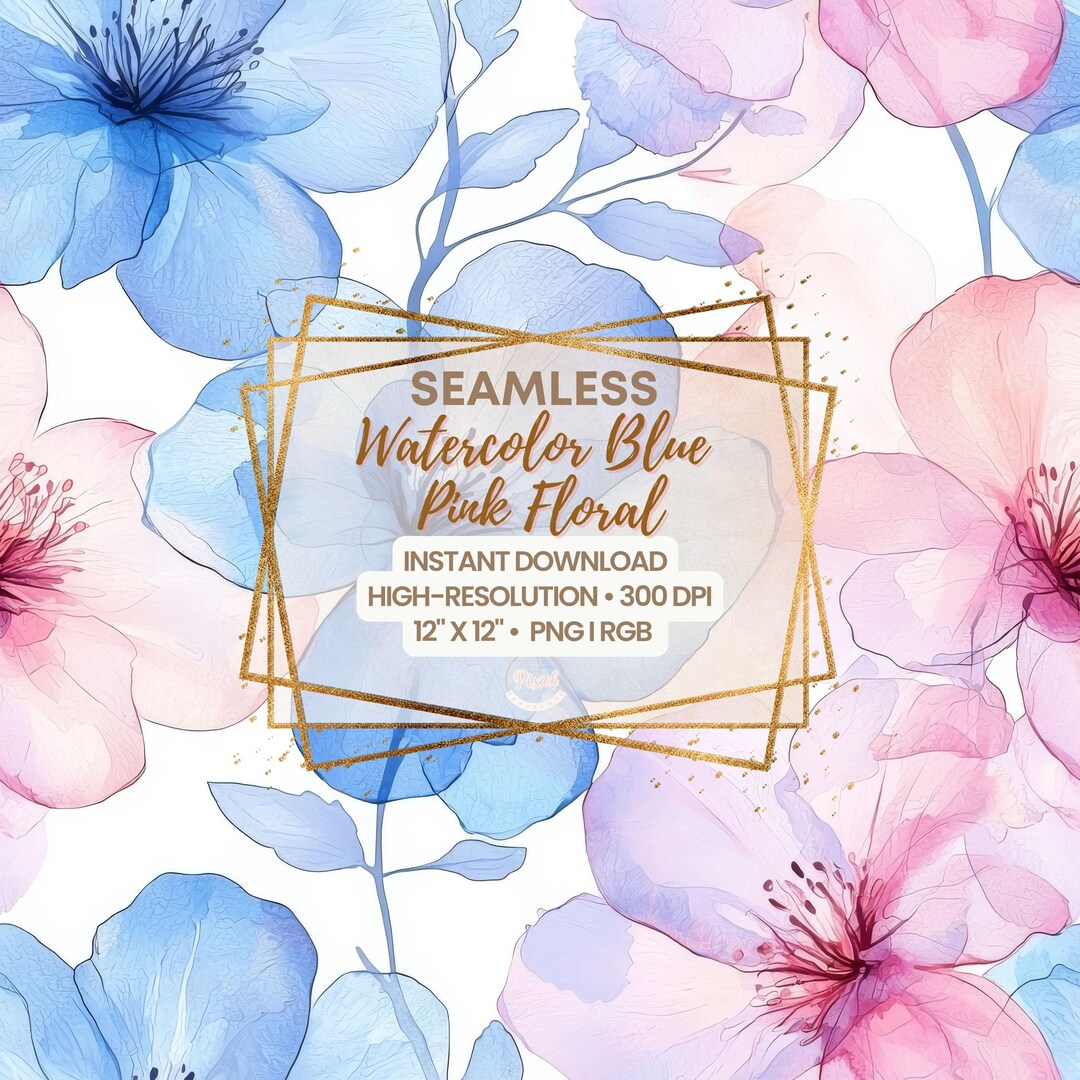 Watercolor Blue Pink Floral Seamless Pattern – Elegant Digital ...