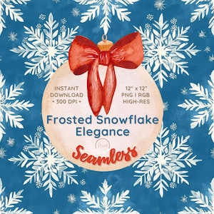 Pode incluir: Um padrão de papel digital sem costura que apresenta uma ilustração em aquarela de um enfeite de floco de neve fosco com um laço vermelho. O enfeite está sobre um fundo azul com flocos de neve brancos. O texto "Frosted Snowflake Elegance Seamless" está escrito no enfeite. O texto "Instant Download • 300 DPI •" e "12" x 12" PNG I RGB HIGH-RES" também está escrito no enfeite.