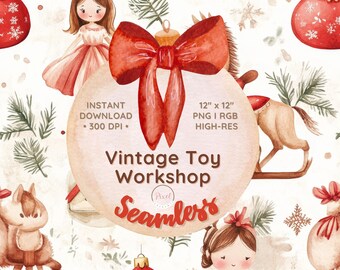 Vintage Toy Workshop Seamless Pattern – Nostalgic Christmas Digital Paper for Holiday Crafts