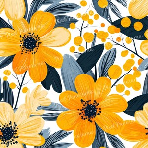 May include: A vibrant floral pattern featuring large yellow flowers with dark centers, complemented by blue-gray leaves and small orange berries, all set against a white background. The design has a painted, artistic style.