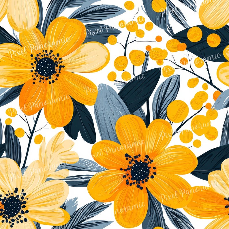 May include: A vibrant floral pattern featuring large yellow flowers with dark centers, complemented by blue-gray leaves and small orange berries, all set against a white background. The design has a painted, artistic style.